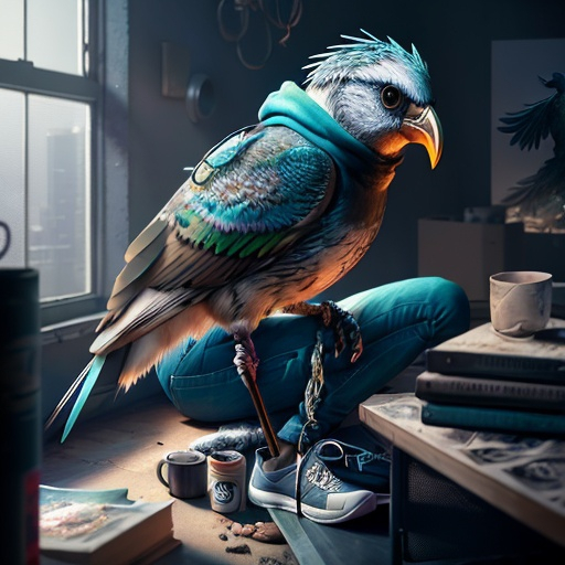 Prompt: Extremely realistic bird. In a sweatshirt, jeans and sneakers. Making a nest. Volumetric lighting, maximalist photo illustrations, 8K concept art, meticulously detailed, complex, expansive, fantastical.