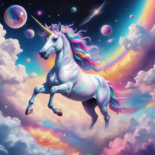 Prompt: a beautiful hyper realistic unicorn in the style of Disney and Lisa Frank running through clouds in space