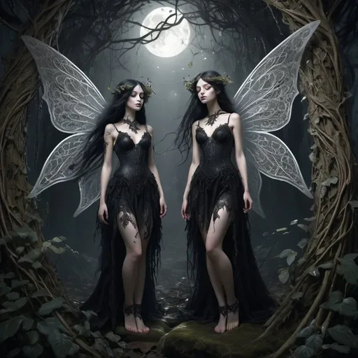 Prompt:  Stoned gothic fairies in full-body attire, floating ethereally amidst twisted vines and ancient monoliths in a forgotten forest, tattered wings catching the light from scattered moonbeams, clad in lace and leather with eyes half-closed, eerily graceful, shadows and highlights defining their ethereal forms, moonlit ambience, digital painting, ultra fine details, volumetric lighting.