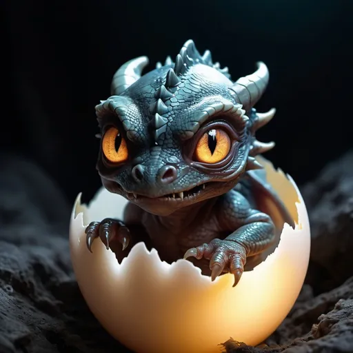 Prompt: Dark Fantasy Aesthetic, a glowing-eyed amphibious freshly-hatched short-nosed newborn-human-dragon-hybrid hatching from its egg
