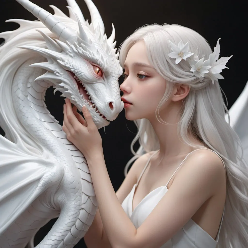 Prompt: NC Hyperreal:1.0 eye:1.0> A beautiful fairy with white long flowy hair, wearing shimmering long white gown, kissing the single white dragon with gentle eyes glazing at her full of love, By artist "anime", 3d anime art, inspired by WLOP, Artstation, #genshinimpact pixiv, extremely detailed, aesthetic, concept art, ultrafine detail, breathtaking, 8k resolution, vray tracing