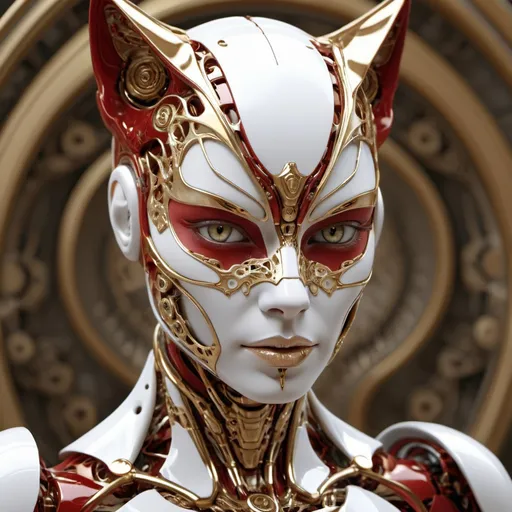 Prompt: complex 3 d render of a beautiful porcelain robot - cat woman face. red gold and white, fractal veins. dragon cyborg, 1 5 0 mm, beautiful natural soft light, rim light, gold fractal details, fine lace, mandelbot fractal, anatomical, glass, facial muscles, elegant, ultra detailed, metallic armor, octane render, depth of field