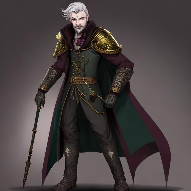 Prompt: full body, arcane sorcerer, handsome male, short green colored hair, stubble beard,  high magic medieval noble, fantasy character for dungeons and dragons, grey colored pupils, using a maroon three piece suit with gold details and a pocket watch.
