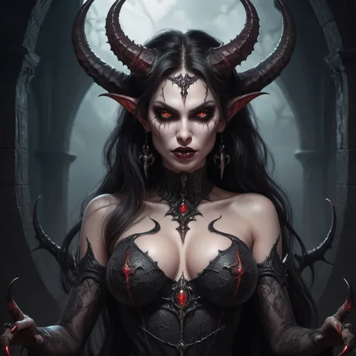 Prompt: A breathtaking fantasy art image of a demonic woman. She is (extremely beautiful with luscious lips, captivating eyes, button nose, thick thighs, slim waist)+. She is tall with demonic claws, demonic scales and demonic horns. She is in her demonic lair waiting for the viewer. The image should be meticulously detailed 