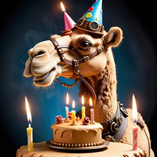 Prompt: Camel wearing a birthday hat blowing out candles on a birthday cake, extremely creative and unique, highly detailed and realistic, steampunk, inspired by Tim Holtz,  realistic happy birthday camel
