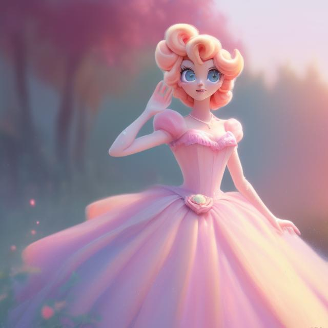 Prompt: Digital style painting, Princess Peach, style of Pixar, blue eyes, pink dress, Fragonard, highly-detailed, cinematic, washed out palette, soft pastel color palette, light trails, sunny day, translucent, iridescent, long hair, arms visible, perfect composition, hyperrealistic, super detailed, 8k, high quality, sharp focus, intricate details, highly detailed, dynamic lighting, detailed and intricate environment, highest quality