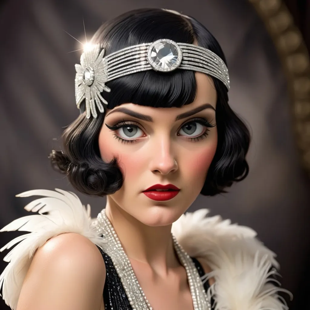 Prompt: Roaring twenties Flapper with a  diamond headpiece with black hair 