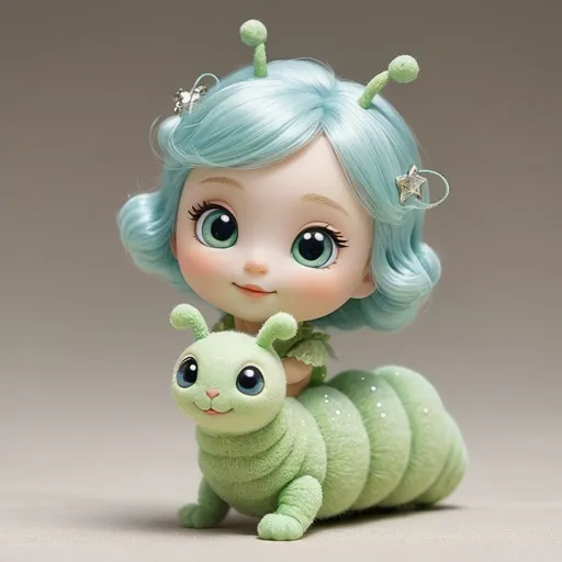 Prompt: KiKi is a small, light green caterpillar with a shimmering glow. Her soft hairs gently sway in the breeze. Her eyes, a bright shade of light blue, radiate curiosity. Tiny details on each body segment resemble scattered stars, creating a mysterious glow in sunlight. Despite her petite size, KiKi's appearance exudes elegance and warmth, showcasing her unique radiance.