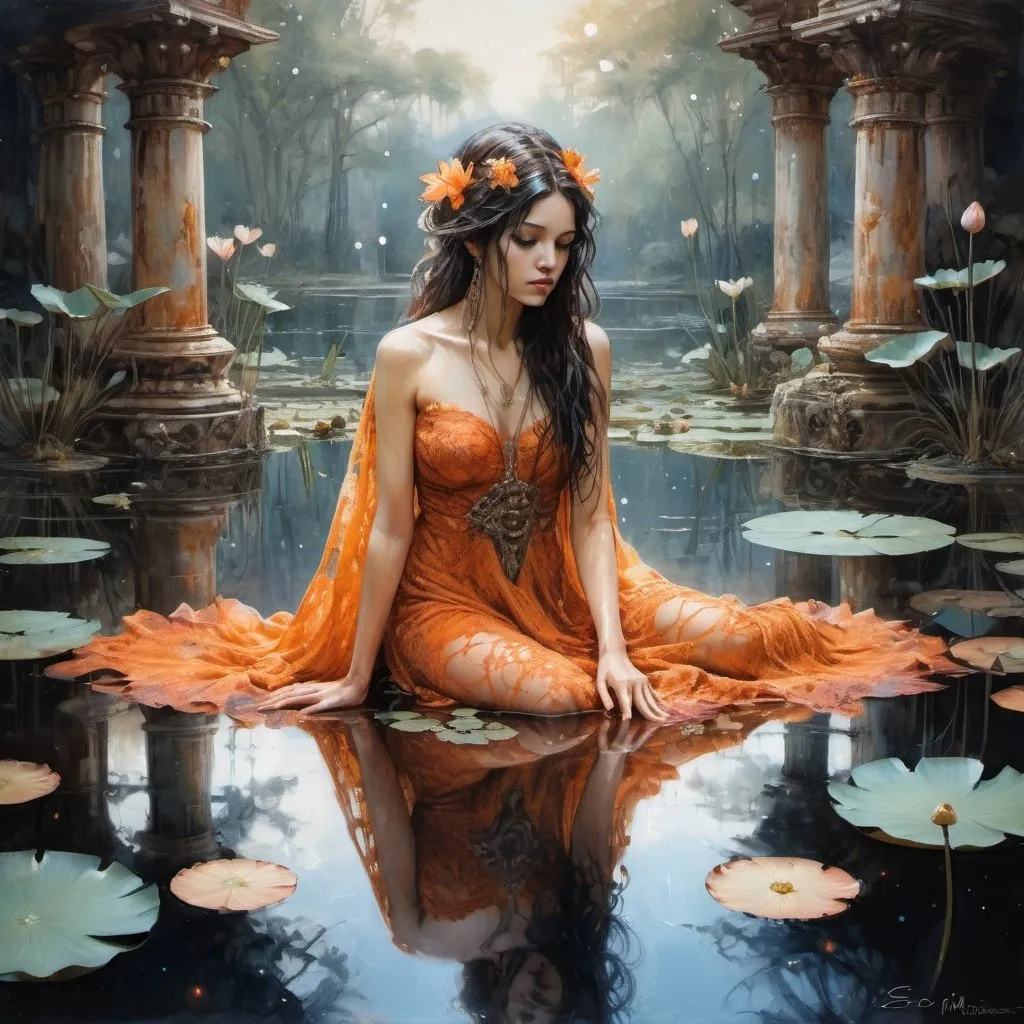 Prompt: Ornate Greek Goddess in orange lace dress touching a reflection of their in pretty, lotus pond, outer space background, dark hair, dark fantasy, intricate details, hyper detailed, Jean Baptiste Monge, Carne Griffiths, Michael Garmash, seb McKinnon, masterpiece