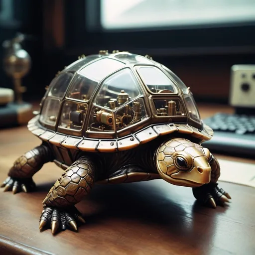 Prompt: Analog photo of no man's sky Steampunk turtle with transparent shell with cyberpunk engine inside, by caravaggio, belaz, Vermin 