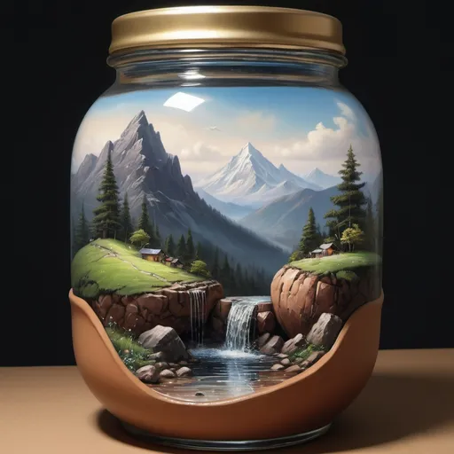 Prompt: A beautiful painting of Mountain Landscape in a jar water spilling out of a broken pot, earth colored clay pot, black background, by greg rutkowski and thomas kinkade, Trending on artstation, 8k, hyperrealistic, extremely detailed , Miki Asai Macro photography, close-up, hyper detailed, trending on artstation, sharp focus, studio photo, intricate details, highly detailed, by greg rutkowski
