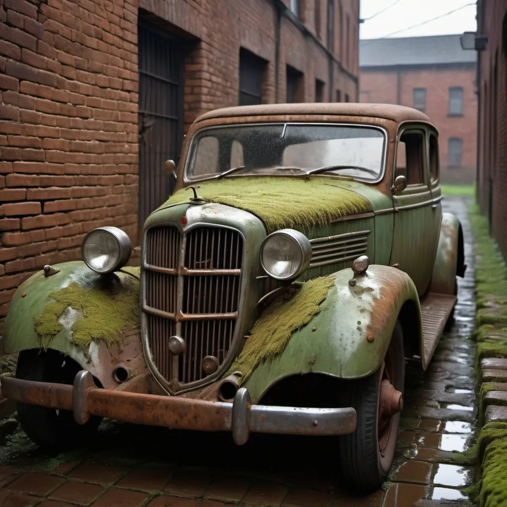 Prompt: Antique car in a deserted alley, intricate, rusted metal body, fading paint, covered in dust and cobweb, cracks on the windshield, backdrop of moss-covered brick wall, balanced composition, gloomy ambience, ultra fine details, dramatic lighting, vintage vibes, 4k resolution