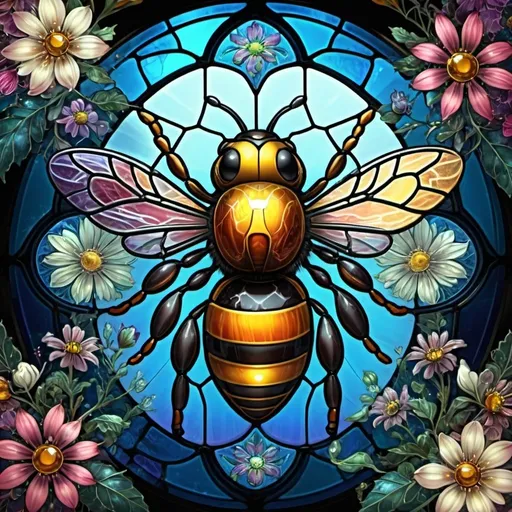 Prompt: a transparent stained glass bee, flowers, extreme detail, 4k, ultra hd, fantasy art, fractal art, digital painting, radiant, hyper-detailed, colorful