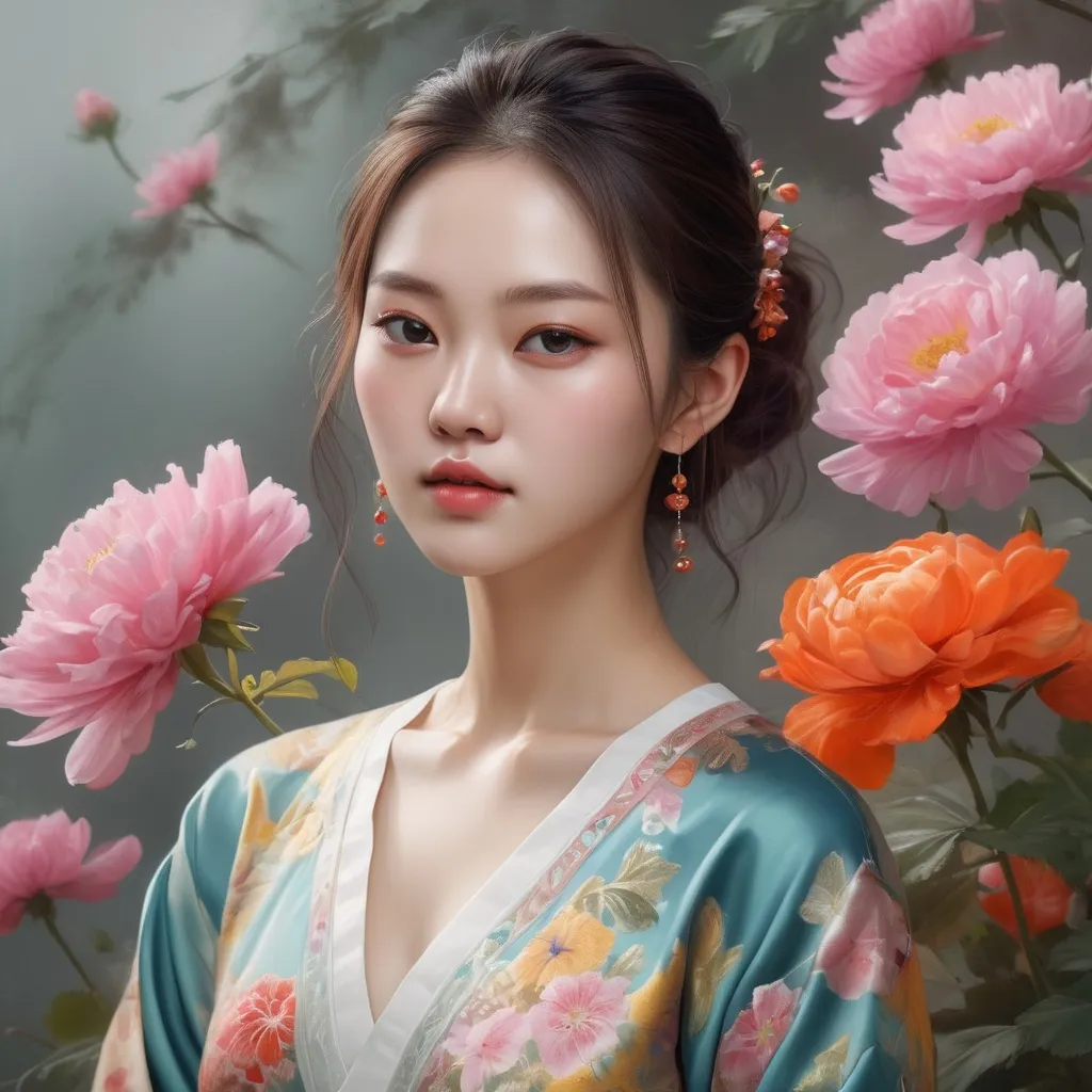 Prompt: Kim Soo-ja, realistic description, flowers, breathtaking beauty, mesmerizing masterpieces, textures and details Highly refined digital painting, perfect composition, vivid colors, ultra-fine resolution, by Sooja