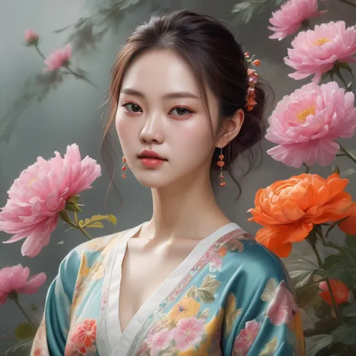Prompt: Kim Soo-ja, realistic description, flowers, breathtaking beauty, mesmerizing masterpieces, textures and details Highly refined digital painting, perfect composition, vivid colors, ultra-fine resolution, by Sooja