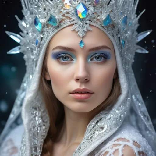 Prompt: Portrait of woman, snow Princess, Slavic fantasy style, kokoshnik, fantasy art style , Broken Glass effect, no background, stunning, something that even doesn't exist, mythical being, energy, molecular, textures, iridescent and luminescent scales, breathtaking beauty, pure perfection, divine presence, unforgettable, impressive, breathtaking beauty, Volumetric light, auras, rays, vivid colors reflects