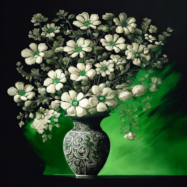 Prompt: Beautiful amazing art of intricate flowers in a green vase, against a black background, modern color with black and white, by art by alesso baldovinetti, trending on artstation, featured on behance, oil painting