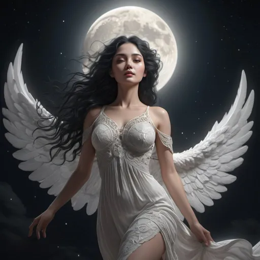 Prompt: Full size head to toe Moon Goddess angel elevated in the air , very detailed, black hair , beautiful long dress , perfect composition, beautiful detailed intricate insanely detailed octane render trending on artstation, 8 k artistic photography, photorealistic concept art, soft natural volumetric cinematic perfect light, chiaroscuro, award - winning photograph, masterpiece, oil on canvas