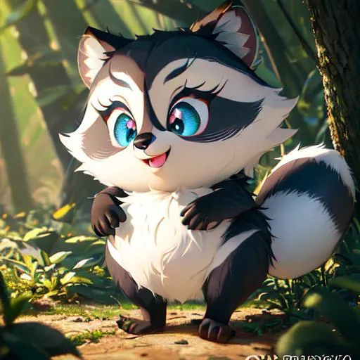 Prompt: Disney Pixar style cute raccoon and skunk, highly detailed, fluffy, intricate, big eyes, adorable, beautiful, soft dramatic lighting, light shafts, radiant, ultra high quality octane render, daytime forest background,bokeh, hypermaximalist