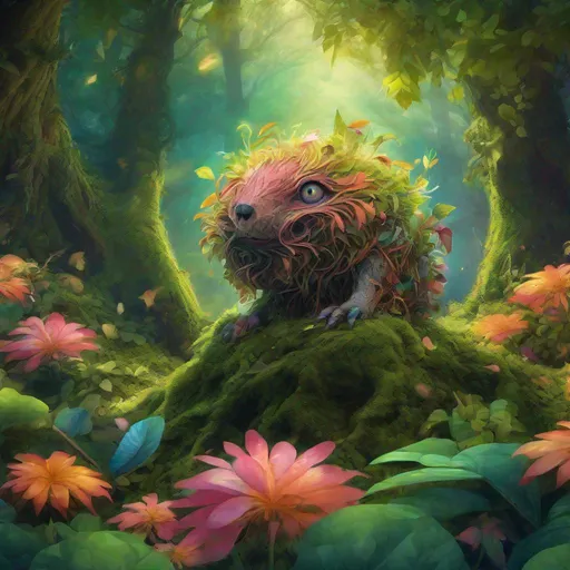 Prompt: Surreal creature with petals and leaves instead of fur, rooted feet extending into the earth, sprouting in a lush forest, dappled sunlight filtering through the canopy above, organic textures, seamless integration of flora and fauna, nature fusion concept, digital painting, highly detailed, vivid colors