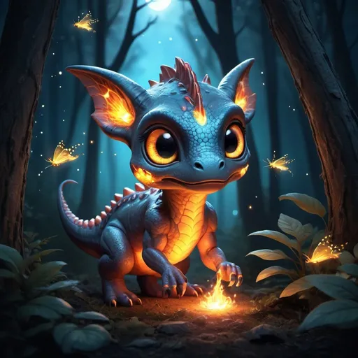 Prompt: Create a digital illustration of a chibi-eyed, fire-breathing, mythical creature, similar to a small dinosaur with a flaming tail, playing with fireflies in a forest. The scene is bathed in a soft, luminous light emanating from a full moon hanging in the sky, filtering through tree branches. Add a dash of magic with the presence of small, glowing ember flakes that simulate bioluminescence, drifting through the air. The creature has a hyperrealistic appearance with large, radiant eyes that carry depth and intricacy, capturing viewer’s attention. The overall image should resonate feelings of enchantment and beauty.