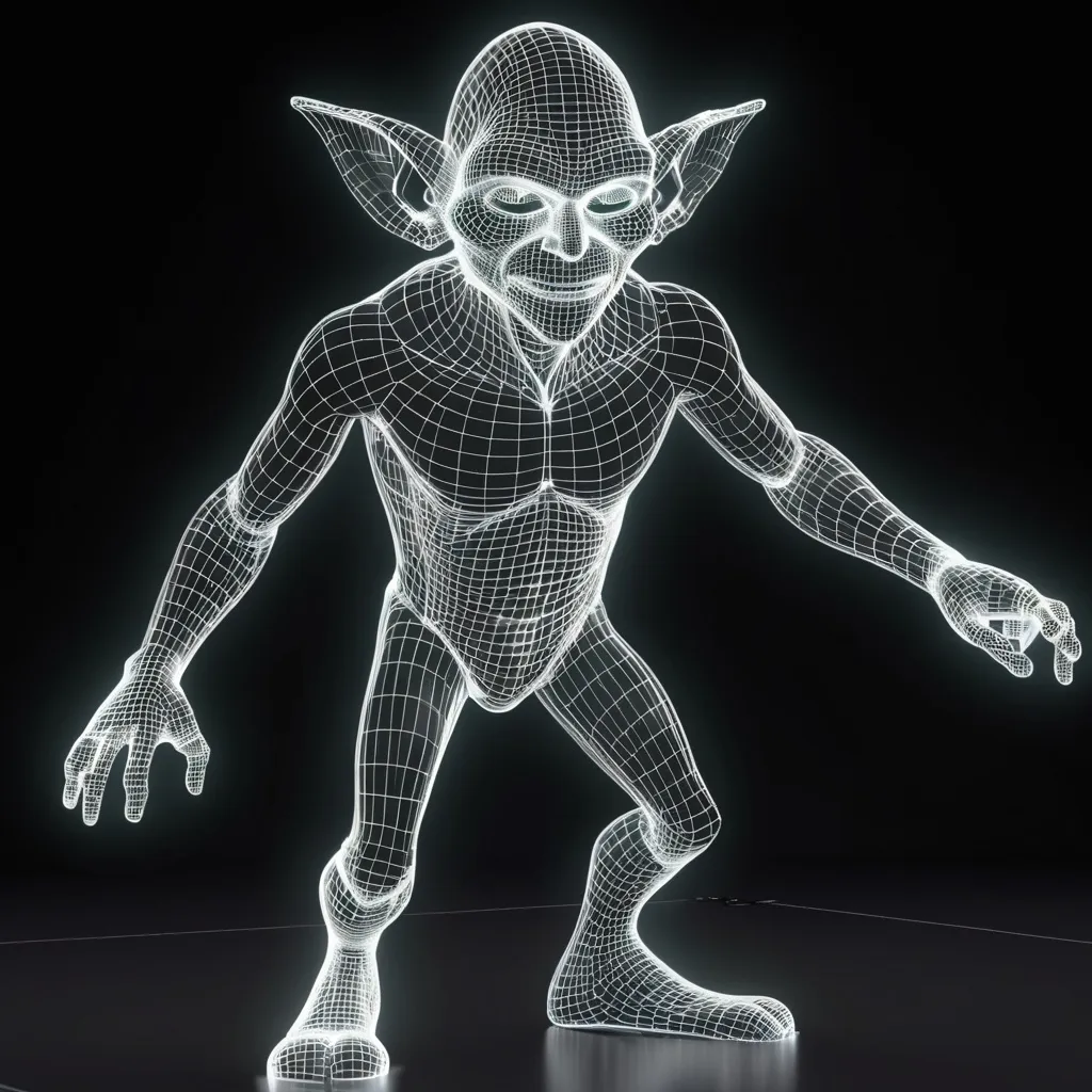 Prompt: 3D transparent holographic projection of a (holographic glowing wireframe goblin character:1.3), transparent, translucent, glowing, holographic, ghost, pellucid floating above a stage, transparent