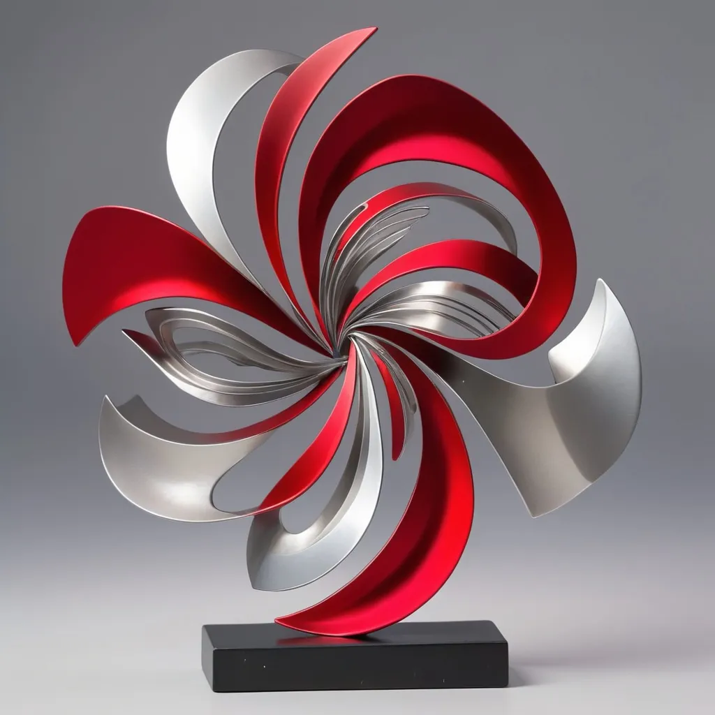 Prompt: abstract metal  tabletop sculpture, red and silver, bright solid colored background