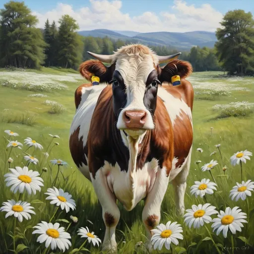 Prompt: flufffy cow in a field of daisies, realistic oil on canvas