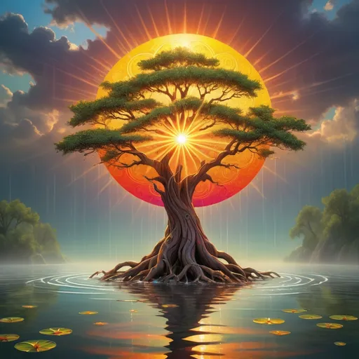Prompt: A tree stands in the middle of the water, one sun hangs on the top of the tree, and nine suns are under the branches, taking turns taking showers, Fantastic, colourful, beautiful, Fantastic, realist style, artistic, and colorful, it is a masterpiece, high-definition, and of high quality