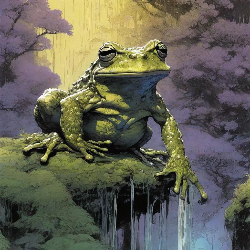 Prompt: Double-exposure; high-angle glossy vietnamese_mossy_frog cross with amphibious_dragon, waterfalls, intense blacks, nighttime; sepia, amber, golden brown, blue-grey, green, cold purple neon light; sergio toppi, jae lee, david mack, joe chiodo, humberto ramos, Makoto Shinkai, J.C. Leyendecker, ilya Kuvshinov, Royo, Karol Bak, Alphonse Mucha, Jordan Grimmer, Greg Rutkowski