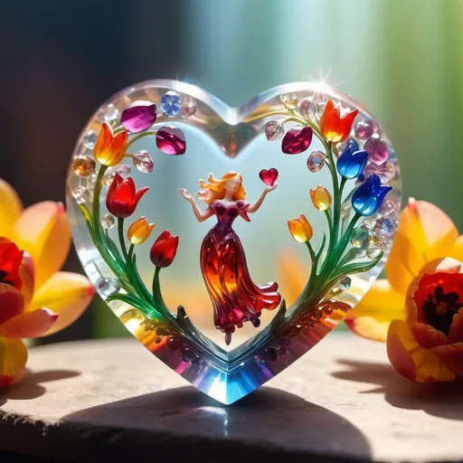 Prompt: macro photo, sparkling magical fantasy magic figurine in a heart vir, made of transparent multi-colored glass gemstones (heart, crystals, translucent), vertical, tulips, light breaks through them magical artifact, highly detailed, amazing quality, intricate cinematic light, high detail, beautiful, surreal, dramatic, warm colors<lora:Dreamyvibes artstyle SDXL - trigger with Dreamyvibes artstyle:1> Dreamyvibes Artstyle, Mysterious