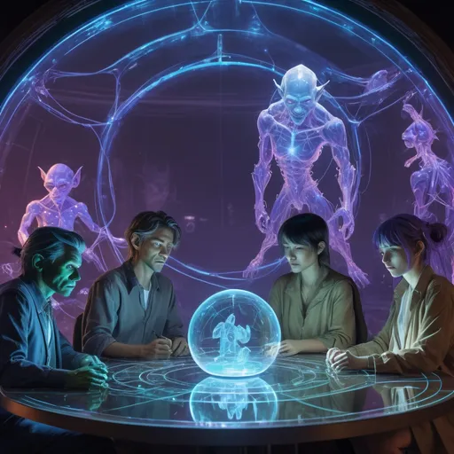 Prompt: double-exposure; glossy blue-skinned (long elven ears:1.0) grizzled goblin scientists, varied expressions; standing around a round table, looking at a 3D transparent holographic projection of a (holographic glowing wireframe goblin character:1.3), transparent, translucent, glowing, holographic, ghost, pellucid floating above a stage, transparent light blue color, Holographic Art; Amazing_unique_creation. Textures. Complementary colors. Creative. Ultra quality. 8k resolution; 8k resolution holographic astral cosmic illustration mixed media; Pablo Amaringo; inside meteorological station, jungly, HUD screens, weather maps; purple_amber_green waxy, detailed, futuristic, photorealistic, maximalist; Makoto Shinkai, J.C. Leyendecker, ilya Kuvshinov, Royo, Karol Bak, Alphonse Mucha, Jordan Grimmer, Greg Rutkowski