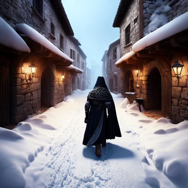 Prompt: A back vew of a mage man walking in a cobbeled street of a medieval village covered of snow during the night. He wearing a hooded coat.