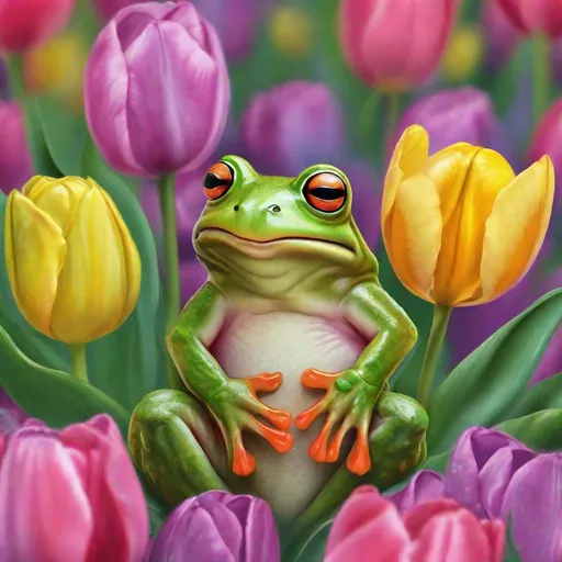 Prompt: A portrait of a cute frog is sitting in a tulip, vibrant colours