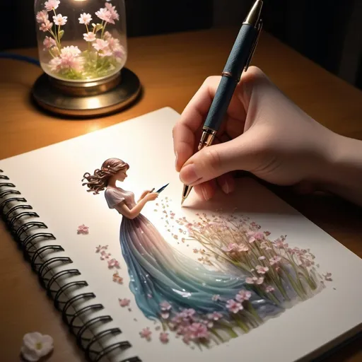 Prompt: Writer is holding a resin see through pen with beautiful soft coloured tiny flowers the flowers are spilling from the inside and out of the tip of the pen. The flowers flowing in a stream out of the pen tip forms a beautiful woman in a flowing dress landing on the page of a notebook photo realistic detailed. There is a lamp besides notebook