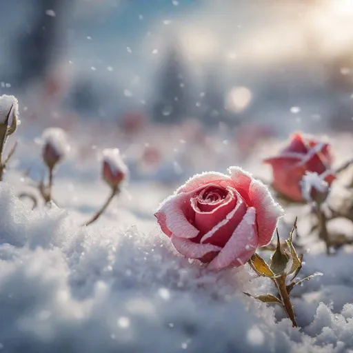 Prompt: Winterlandscape with snow, in a big open field of beautiful historical roses, soft sunshine, high detail, photography, hoarfrost, Miki Asai Macro photography, close-up, hyper detailed, trending on artstation, sharp focus, studio photo, intricate details, highly detailed, by greg rutkowski, Miki Asai Macro photography, close-up, hyper detailed, trending on artstation, sharp focus, studio photo, intricate details, highly detailed, by greg rutkowski