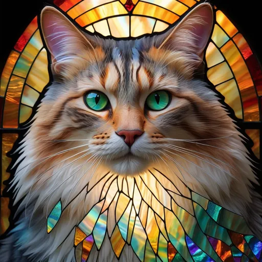 Prompt: tabby forest cat motif embroidered on a church stained glass, Broken Glass effect, no background, stunning, something that even doesn't exist, mythical being, energy, molecular, textures, iridescent and luminescent scales, breathtaking beauty, pure perfection, divine presence, unforgettable, impressive, breathtaking beauty, Volumetric light, auras, rays, vivid colors reflects, Broken Glass effect, no background, stunning, something that even doesn't exist, mythical being, energy, molecular, textures, iridescent and luminescent scales, breathtaking beauty, pure perfection, divine presence, unforgettable, impressive, breathtaking beauty, Volumetric light, auras, rays, vivid colors reflects