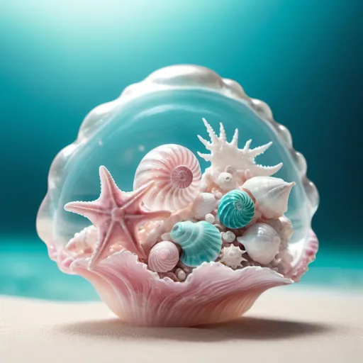 Prompt: (Raw Photo:1.3) of (Ultra detailed:1.3) , (monster)microshoot, 3d model of a glass seashells in a beautiful turquoise ocean, in the style of translucent layers, light pink and white, shohei otomo, selective focus, made of plastic, baroque animals, macro lens,IncrsXLRanni,EpicSky