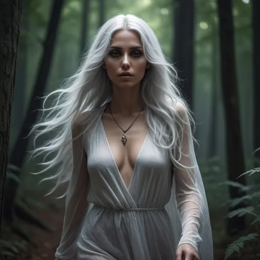 Prompt: Generate an ultra high definition (8k) image of a stunning Ghost Woman walking through a forest, long silver hair blown by the wind, necromancer. The image should be a close-up, capturing her in motion in a low-cut outfit. The woman should be adorned with a large amount of jewelry with occult symbols, showing intricate and hyper-realistic details. The overall aesthetic of the image should be a mix of neo-futuristic glamor and dark, mystical elements. To emphasize the beauty and mystique of the woman, use edge lighting, moonlight, global neon lighting and other dark neon lighting techniques. Attention to symmetry is crucial to achieving a masterpiece, and the image must pay close attention to small details, macro details and ultra-detailed textures. Additionally, incorporate volumetric lighting for a sense of depth and realism. Realistic reflections on surfaces will improve the overall image quality. The end result should be incredible, with cinematic effects and an inner glow that adds to the mysterious atmosphere., Mysterious