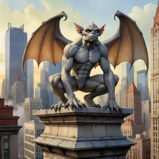 Prompt: Enter the realm of "Rooftop Guardians," where Isabella Rivera's urban fantasy illustration brings to life mythical creatures and ancient gargoyles perched high above city skyscrapers. The gritty and muted colors enhance the enigmatic charm of these guardians of the urban realm. , Watercolor, trending on artstation, sharp focus, studio photo, intricate details, highly detailed, by greg rutkowski