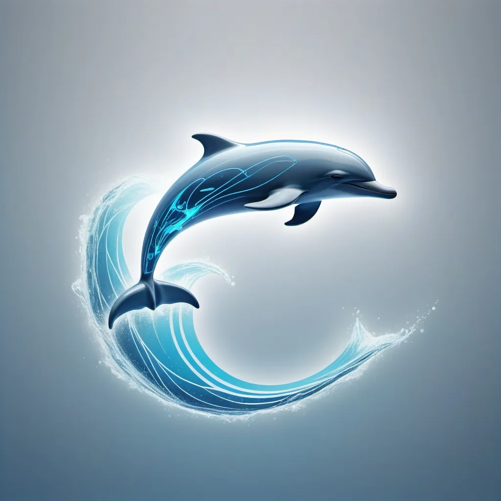 Prompt: "Modern logo design of a digital dolphin leaping gracefully over waves, with a sleek, futuristic aesthetic. The dolphin is stylized with digital circuit patterns etched onto its body, glowing with a soft blue light. The waves beneath are stylized with simple, flowing lines, hinting at movement, while also resembling electrical currents. Type of Image: Digital Illustration, Art Styles: Minimalistic, Futuristic, Art Inspirations: Apple's sleek design aesthetics, Camera: Front view, Shot: Medium shot, Render Related Information: High resolution, professional, clean lines, and sharp focus with a resolution of 4K. The lighting should be soft and natural, highlighting the digital patterns on the dolphin's body."