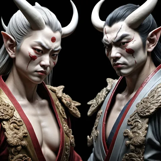 Prompt: Duality Good and evil Japanese fantasy characters HDR quality 3D photorealism intricate detail hyperrealistic, sharp focus