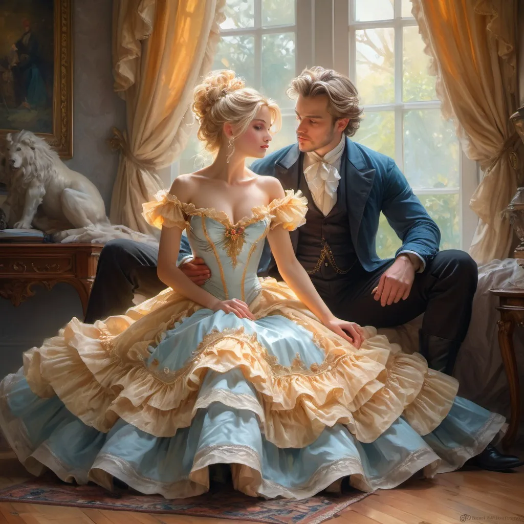 Prompt: fantasy couple, male and female. a beautiful young blonde woman sitting on the floor surrounded by the skirt of her magnificent voluminous beautiful ruffled rococo ostentatious ballgown, god-rays, bokeh, beautifully lit, gouache by Daniel Ridgway Knight and daniel gerhartz, very detailed, beautiful composition, depth of field, blurred background, whimsicial, figurative, twee, trending, stunning, masterpiece, ultra hd, realistic, vivid colors, highly detailed, UHD drawing, pen and ink, perfect composition, beautiful detailed intricate insanely detailed octane render trending on artstation, 8k artistic photography, photorealistic concept art, soft natural volumetric cinematic perfect light