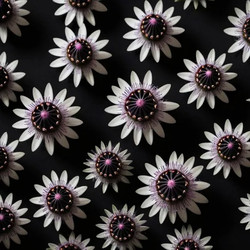 Prompt: Realistic photography. Close up shot of 13 black carnivorous flowers on a black background. Depth of field. Complex composition. 