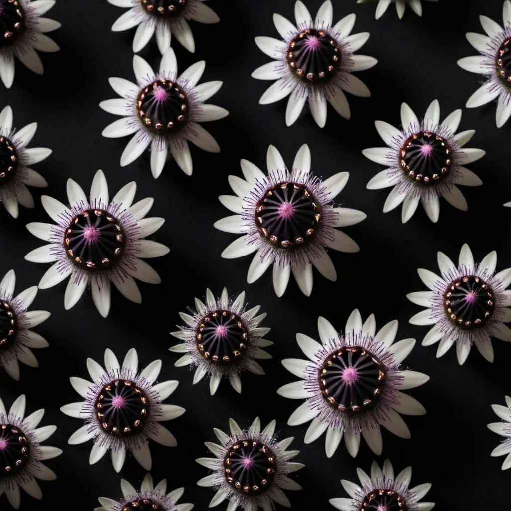 Prompt: Realistic photography. Close up shot of 13 black carnivorous flowers on a black background. Depth of field. Complex composition. 