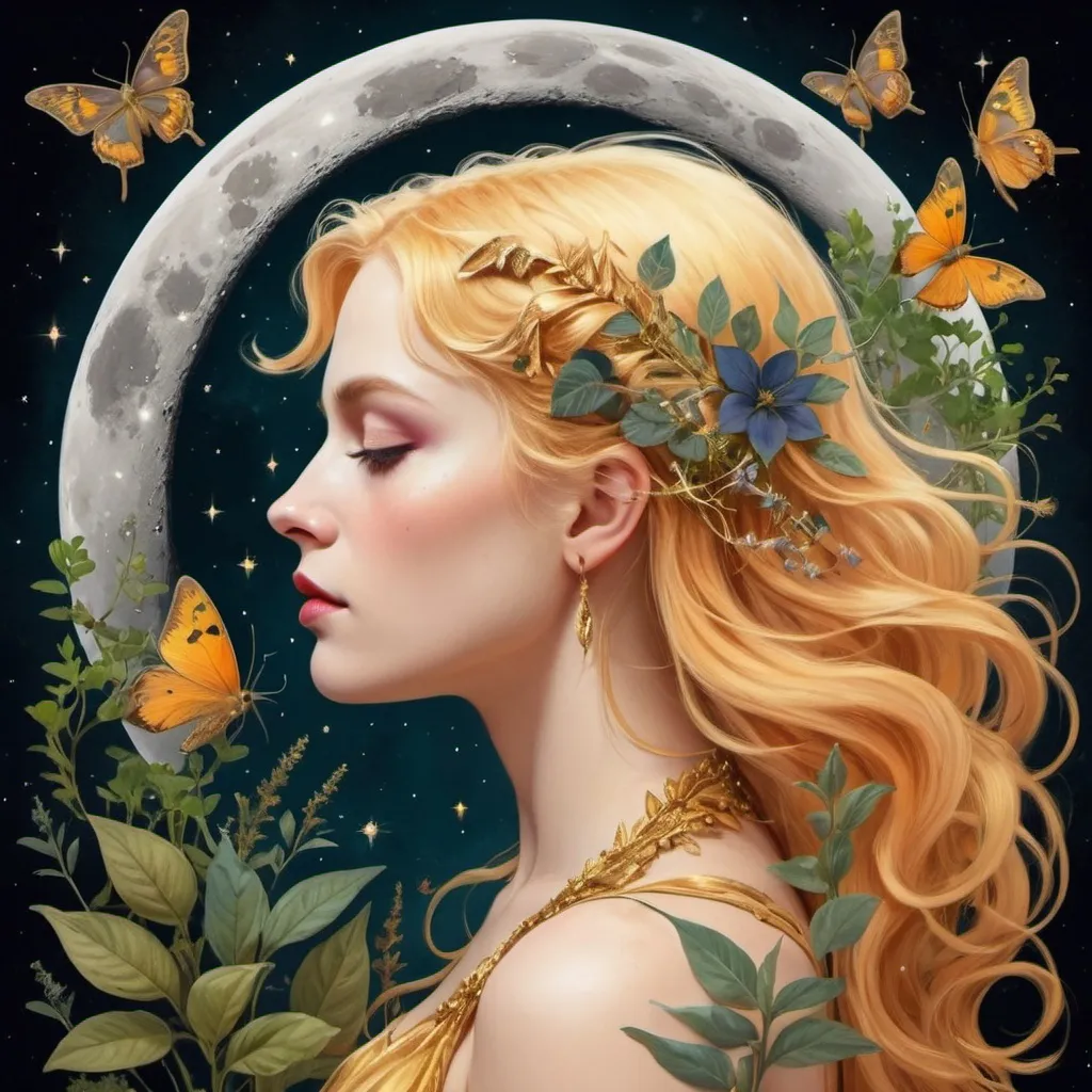 Prompt: A profile beautiful and colourful picture of Persephone with pure gold hair surrounded by plants, moths and animals framed by the moon and constilations