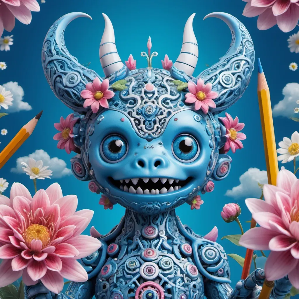 Prompt: Festival of Artificial Intelligence and Design flyer, blue background blossoming with intricately designed flowers and whimsical clouds, intertwined with pencils suggesting creativity, central position occupied by a cute monster character, Miki Asai Macro photography style for hyper-detailed close-up textures, trending aesthetic on Artstation, captured in sharp focus with studio photo precision, designed by Greg Rutkowski, intricate details, highly detailed, digital painting