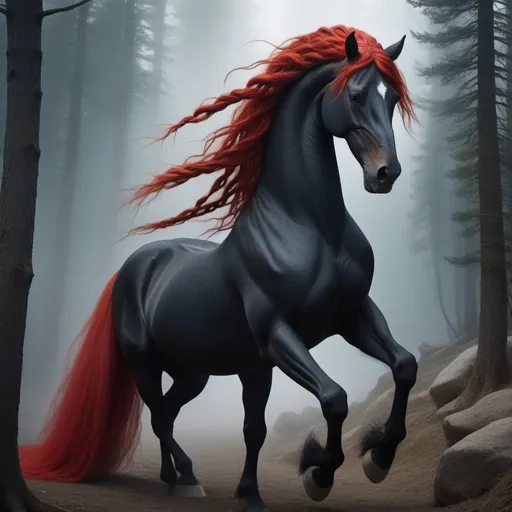 Prompt: The entity, similar to a fairy, lives in rocky mountains, by riverbanks, desolate places, and stables. It has backward feet, takes on the form of a witch, with tangled and matted red hair, typically wearing a long red dress, and is depicted braiding a majestic, frightening, strong and huge black horse's tail.