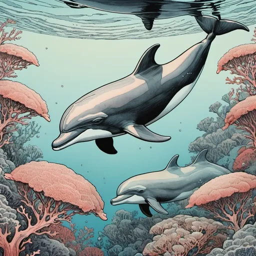 Prompt: realistic pastel colored photograph, corals and a giant dolphin , bold comic book black pen outline, soft pastel colors, closeup, illustrative realism, in the style of pen and ink  , woodblock print by Hokusai  ,by Victo Ngai
