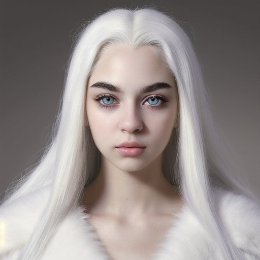 Prompt: beautiful 20 year old women with white hair, white eyebrows, light skin, realistic, ultrarealistic, high quality art, bright eyes, long hair, beauty, real, long hair, symmetrical, anime wide eyes, fair, delicate, medieval, wearing a big fur coat 